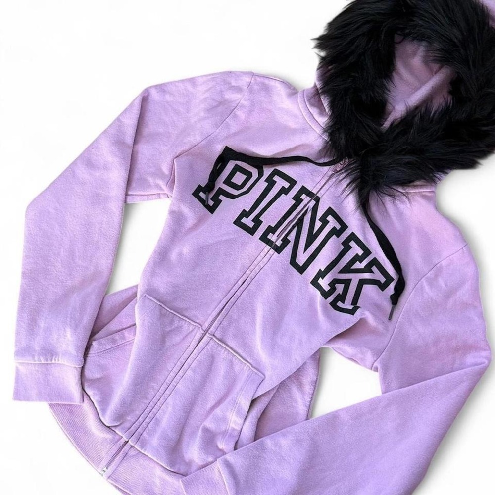Y2K 2000sstyle Upcycled Purple and black Victorias Secret PINK faux fur zip-up